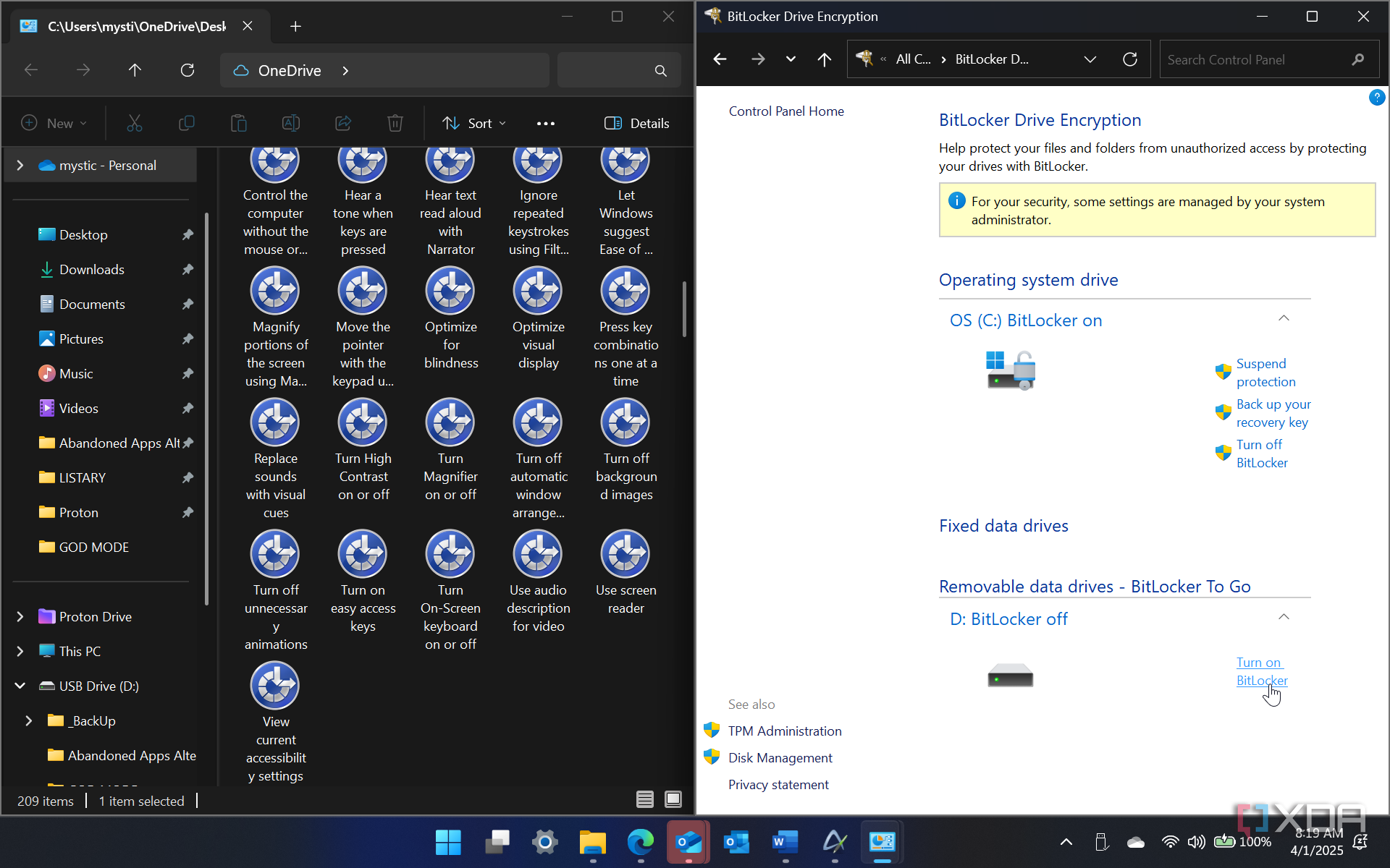 Shows turning on BitLocker to Go on USB flash drive