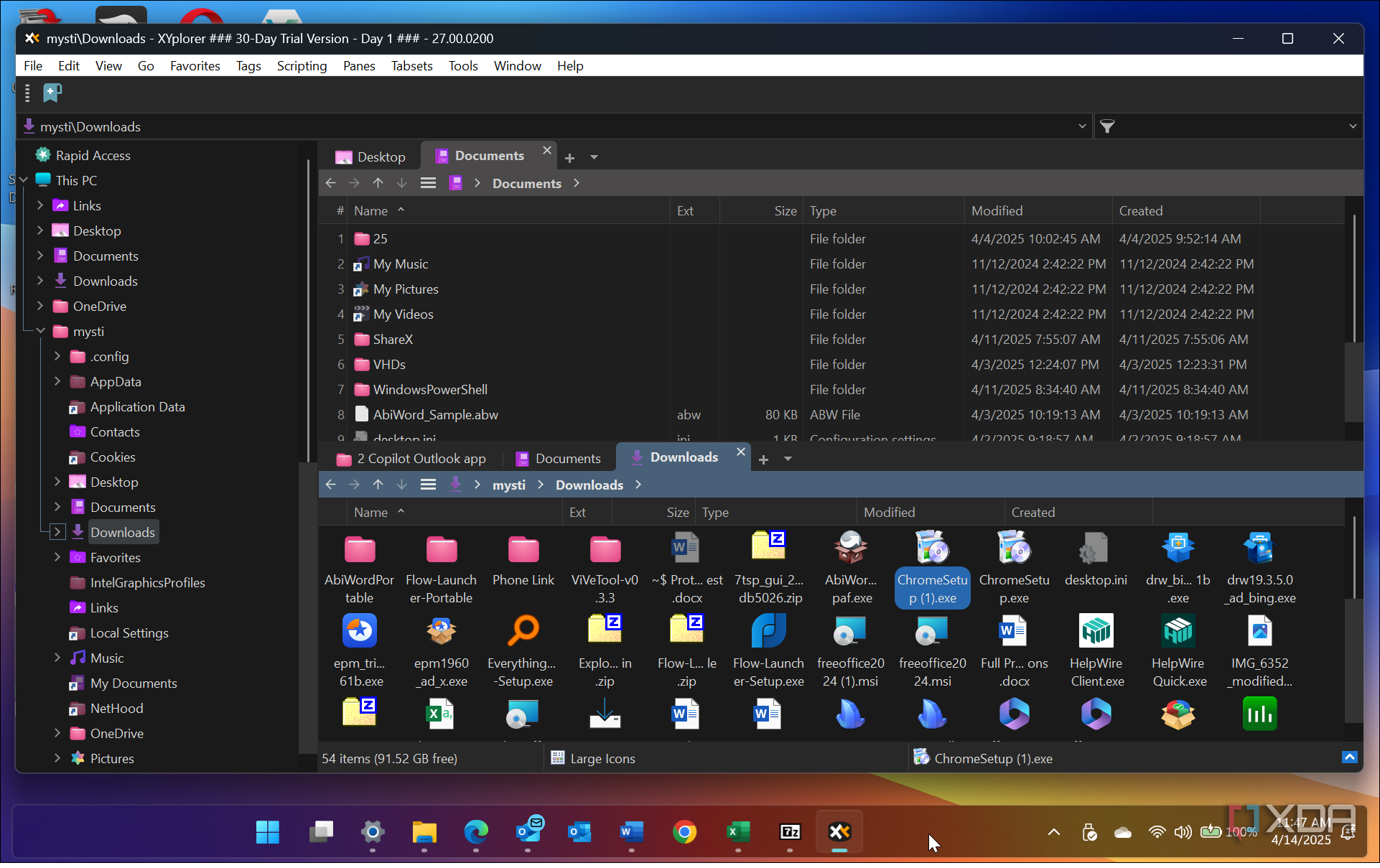 Shows XYplorer dual-pane view on Windows 11 PC