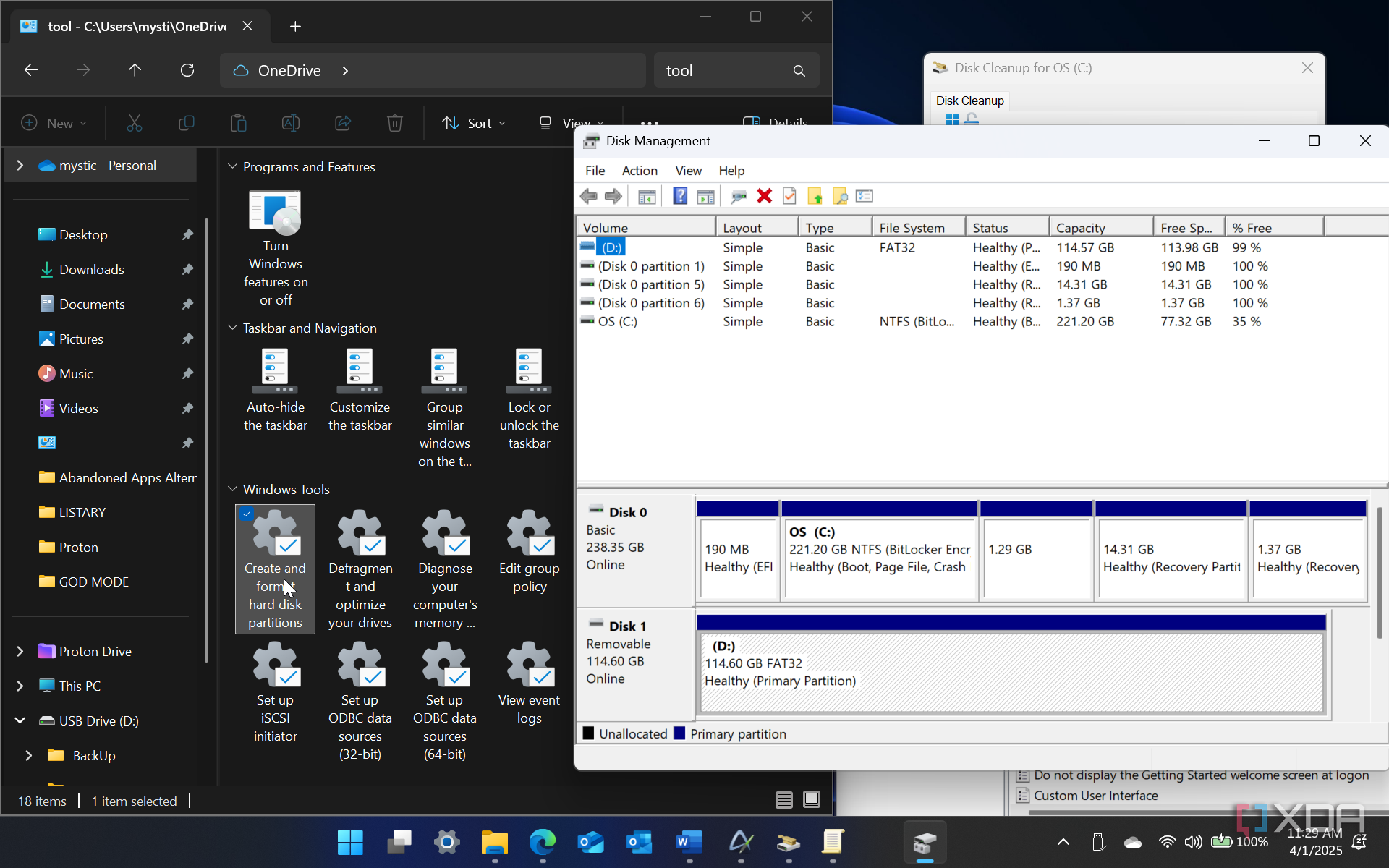 Opening Disk Management to partition drive from God Mode on Windows 11