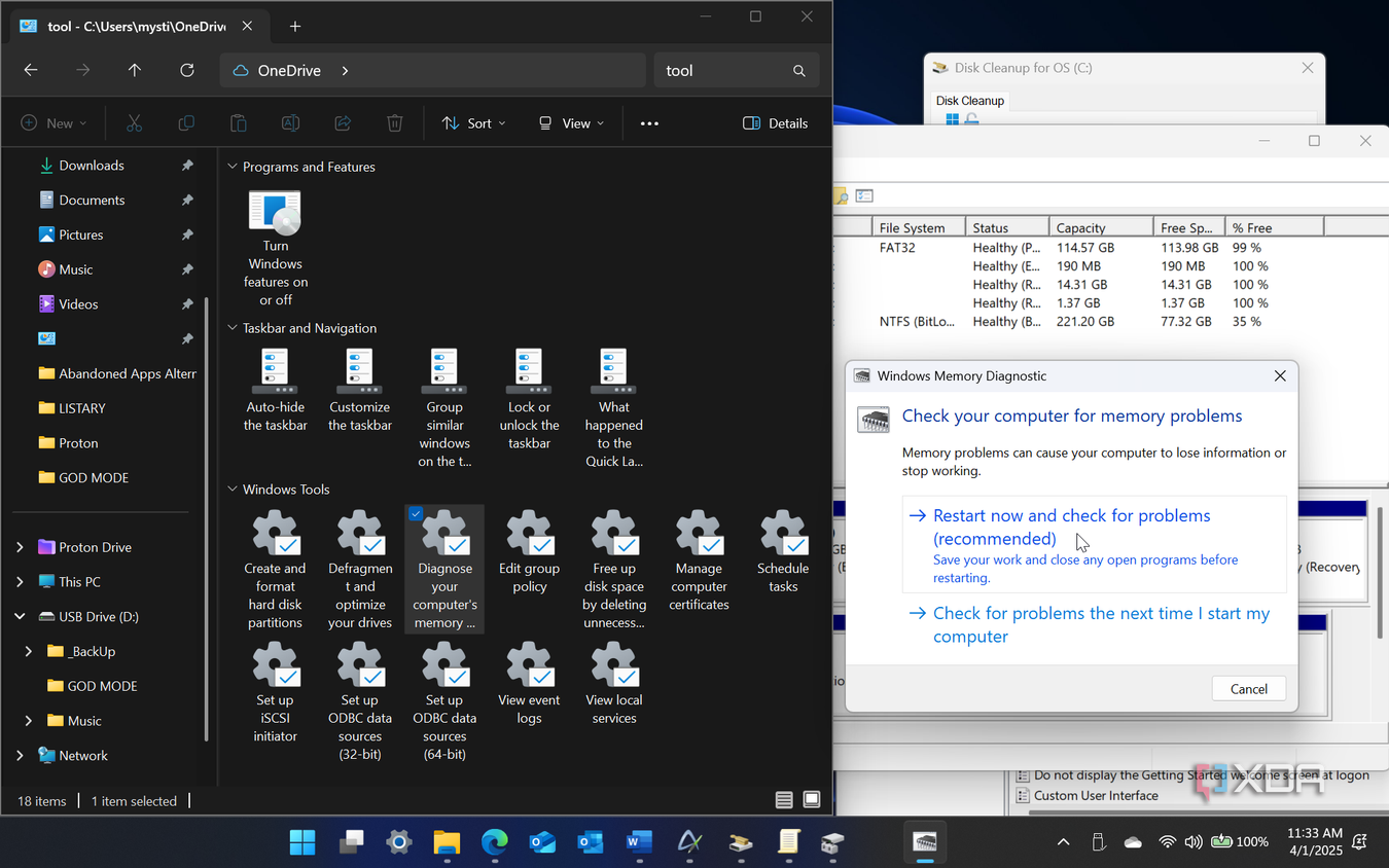Shows open CHKDSK from God Mode on Windows 11
