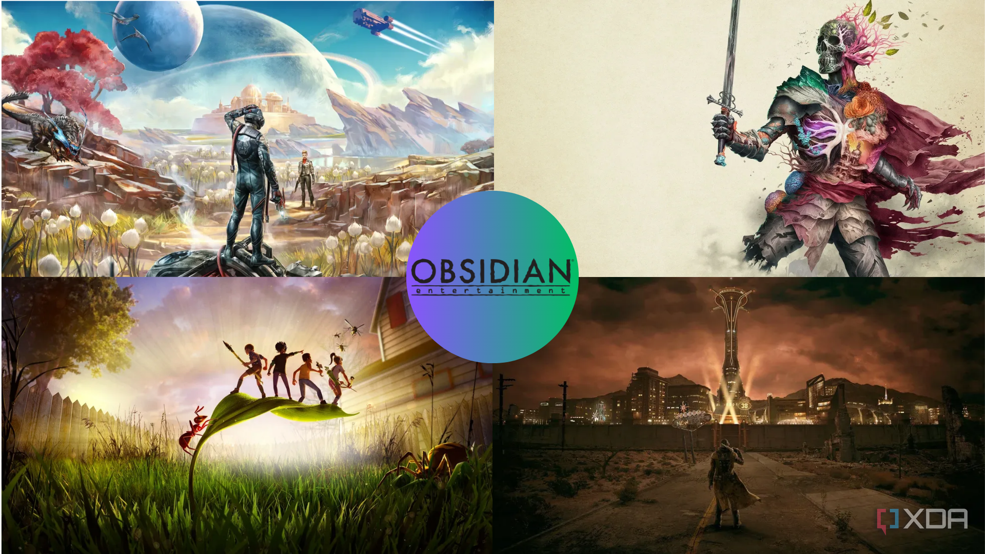 Obsidian games log with a collage of their games in the background