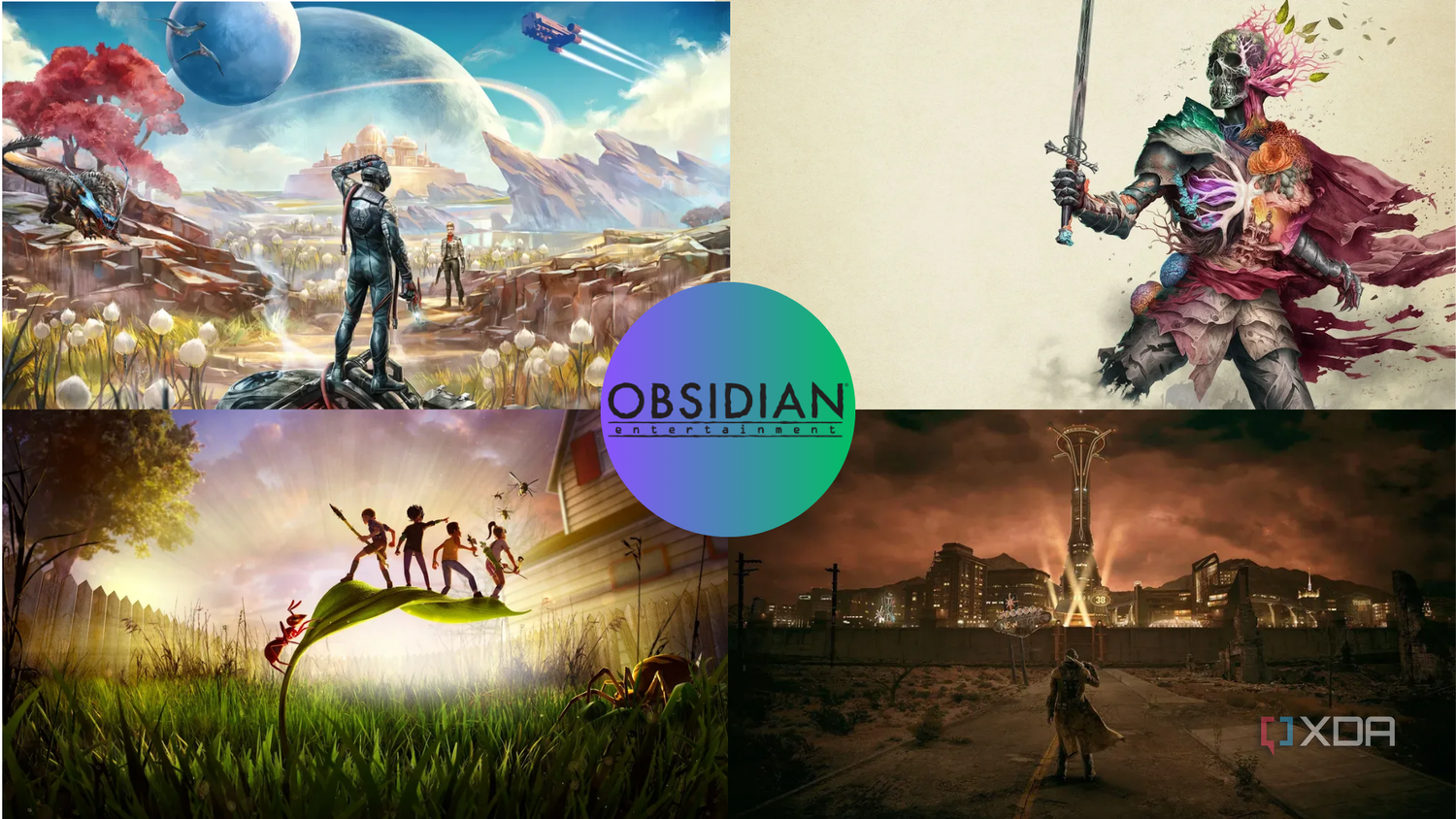 Obsidian games log with a collage of their games in the background