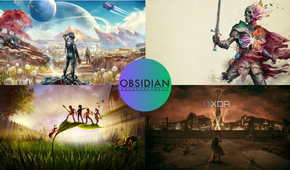 Obsidian games log with a collage of their games in the background