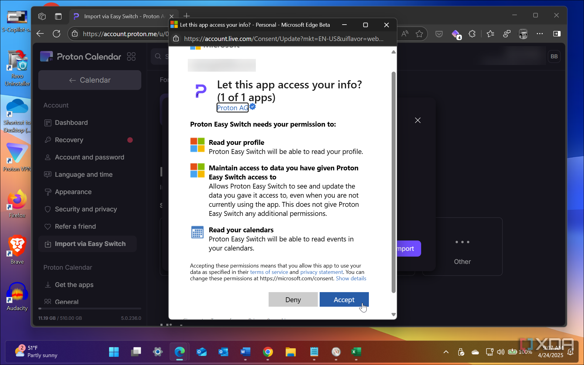 Shows EULA for Proton Calendar import