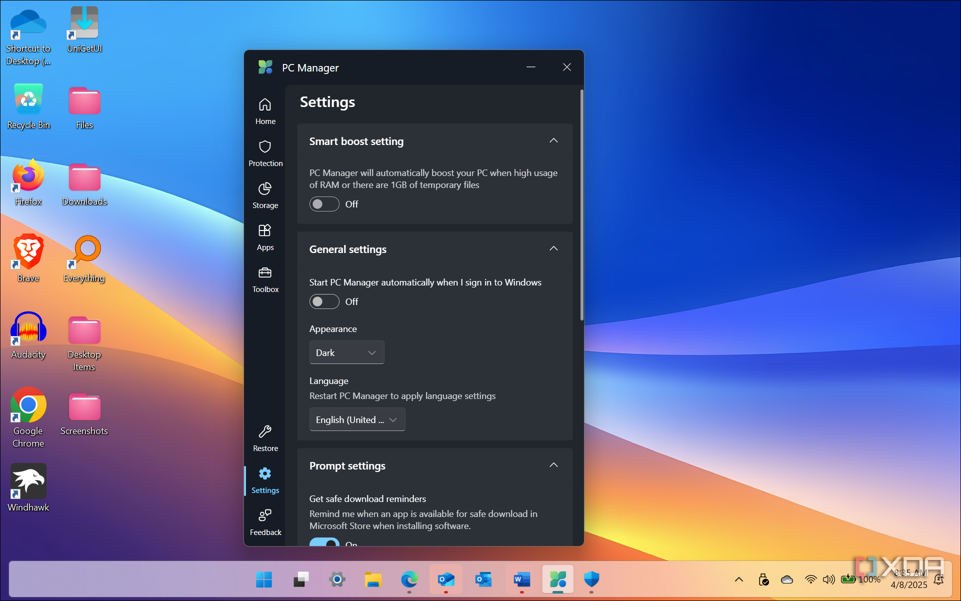 Show PC Manager settings with dark theme on Windows 11