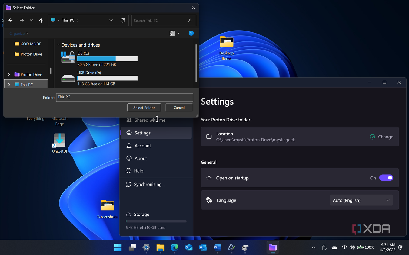 Shows adding a folder location to store data in Proton Drive