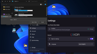 Shows adding a folder location to store data in Proton Drive