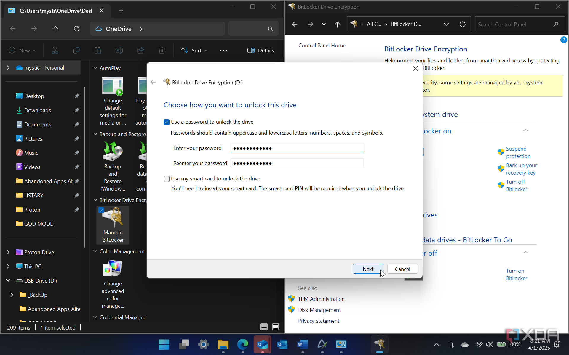 Shows creating password for USB drive protected by BitLocker