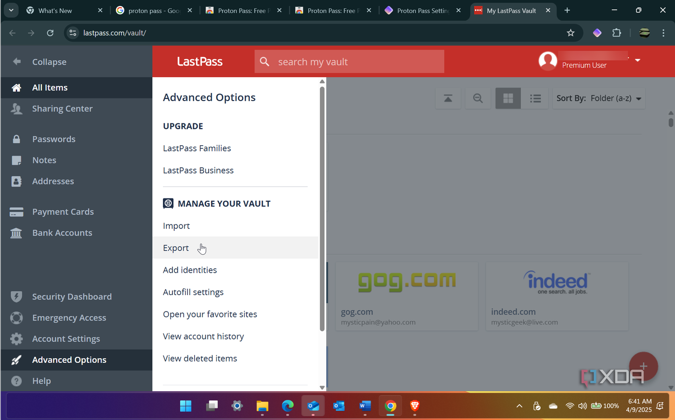 Shows exporting LastPass Vault Option to transfer to Proton Pass