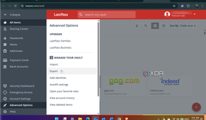 Shows exporting LastPass Vault Option to transfer to Proton Pass