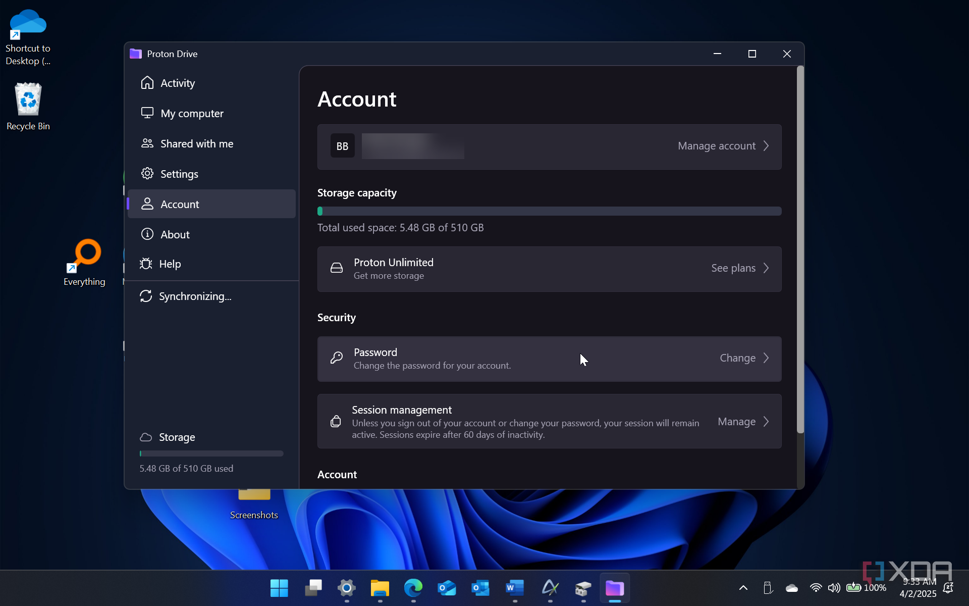 Screenshot of Proton Drive app account settings