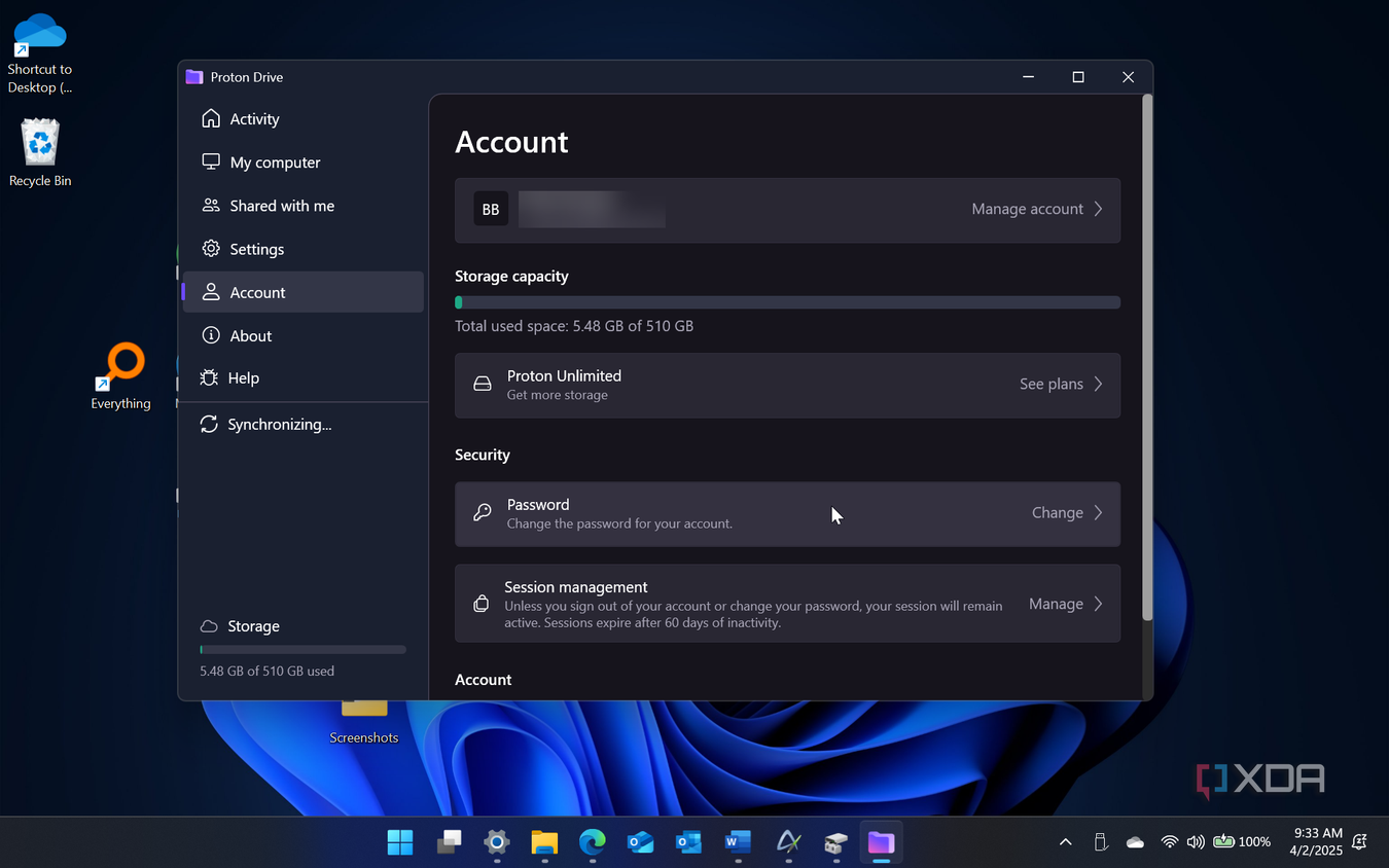 Screenshot of Proton Drive app account settings
