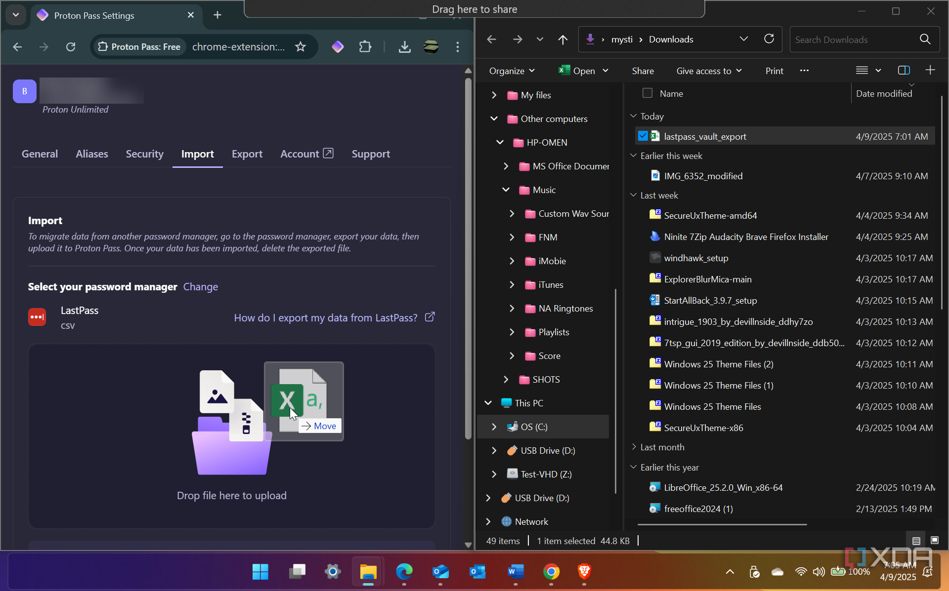 Showing drag LastPass CSV password vault file to Proton Pass