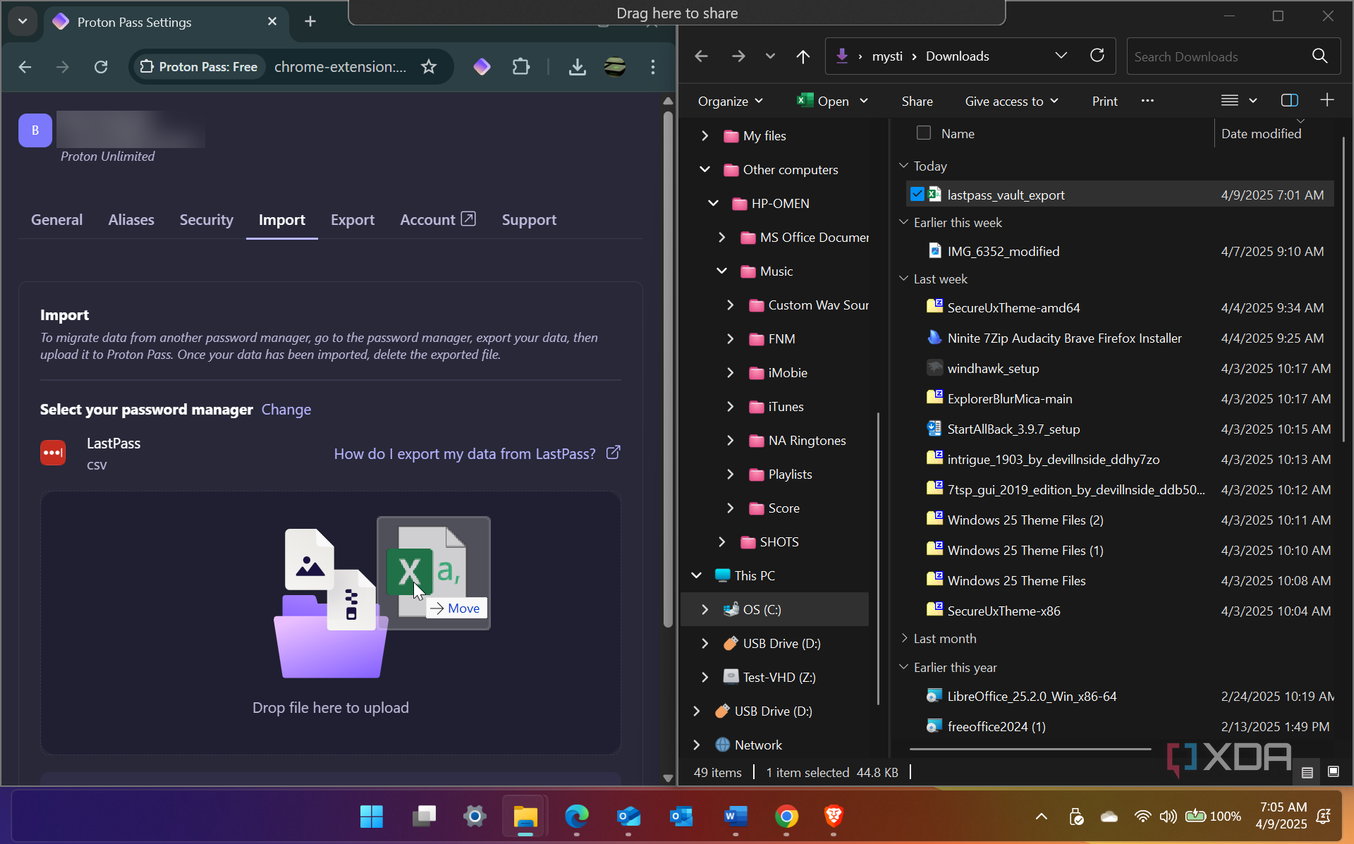 Showing drag LastPass CSV password vault file to Proton Pass
