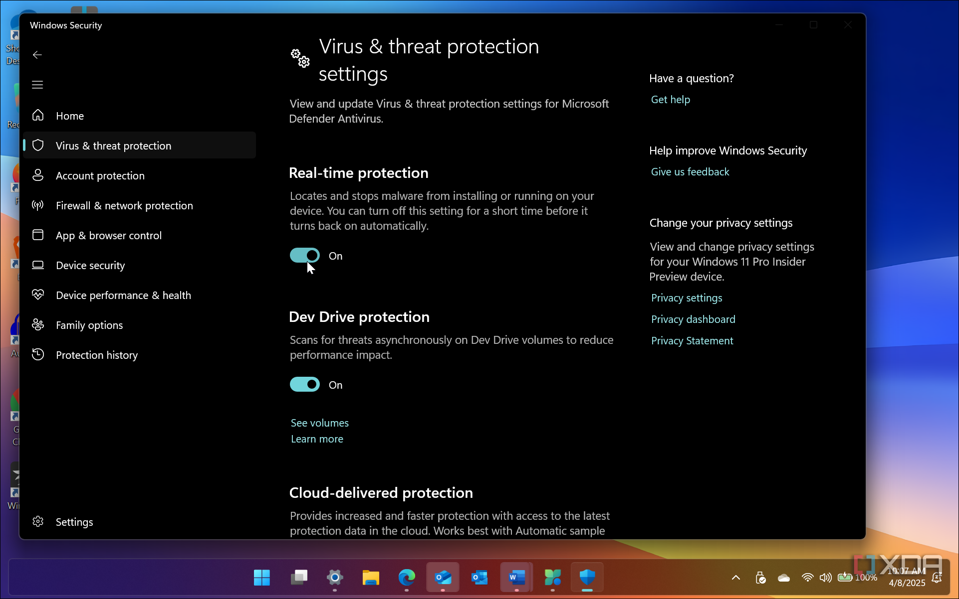 shows virus and threat protection settings in Windows Security app