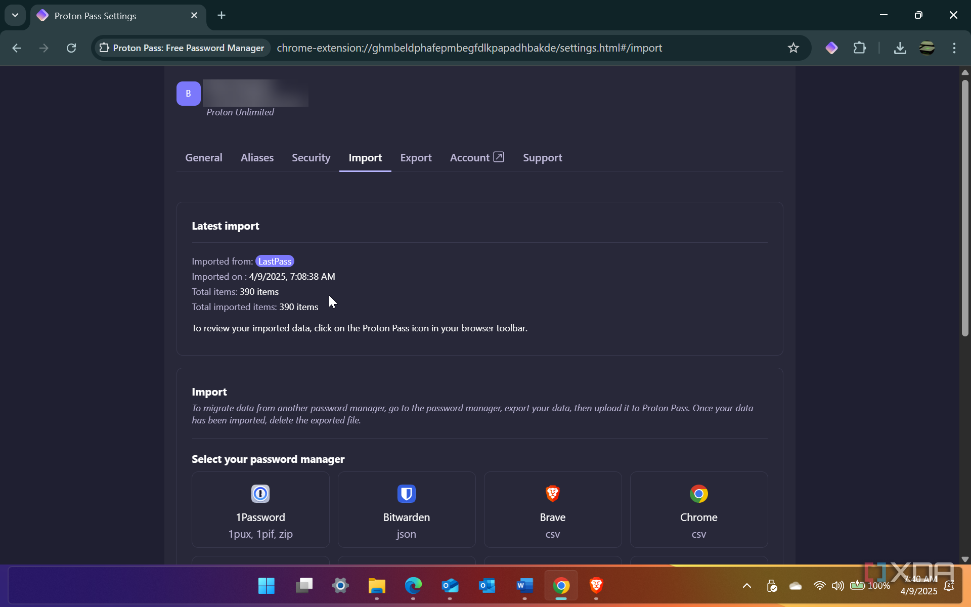 Shows password import from LastPass to Proton Pass successful