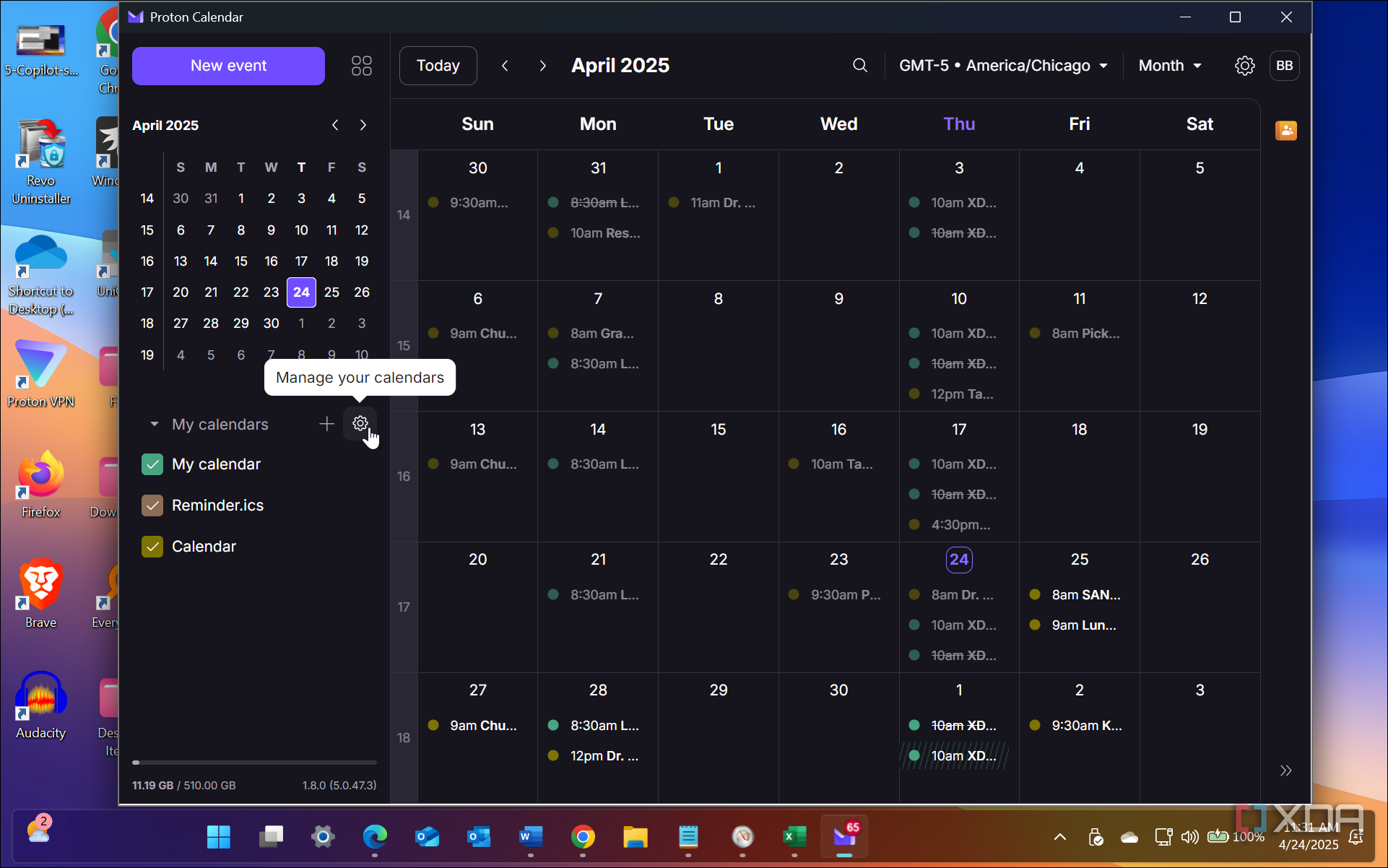 Showing Proton Calendar settings