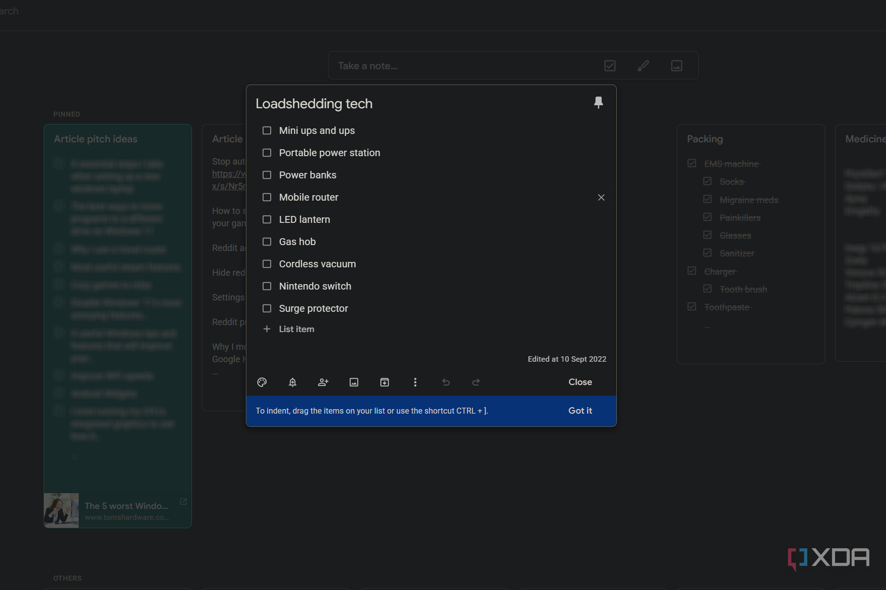 a list of tech in google keep