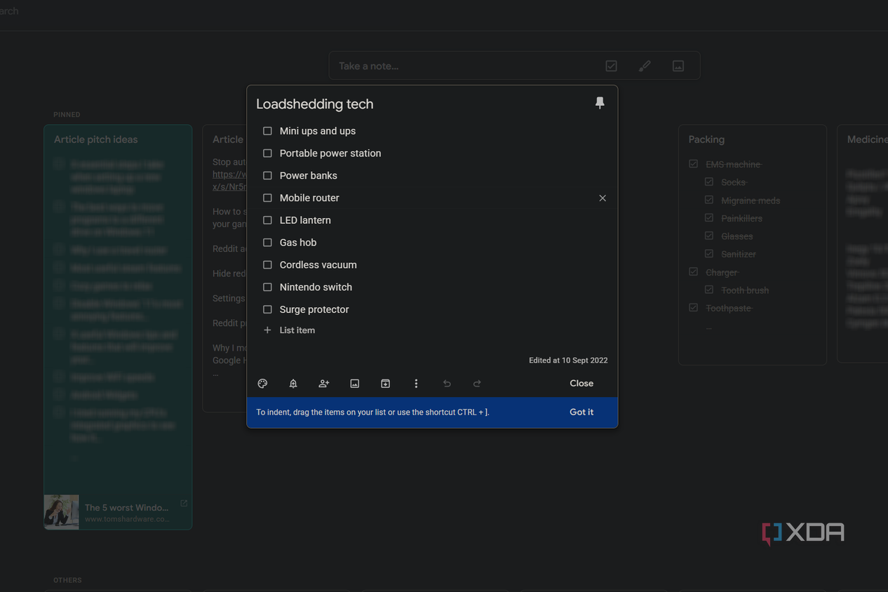 a list of tech in google keep