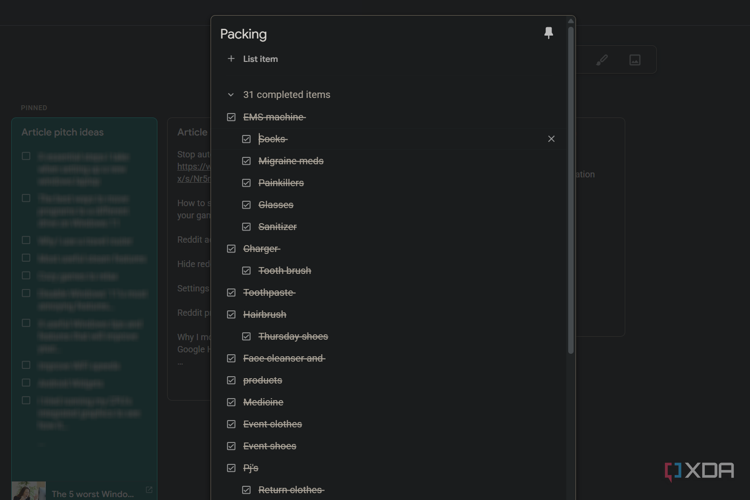 a packing list in google keep