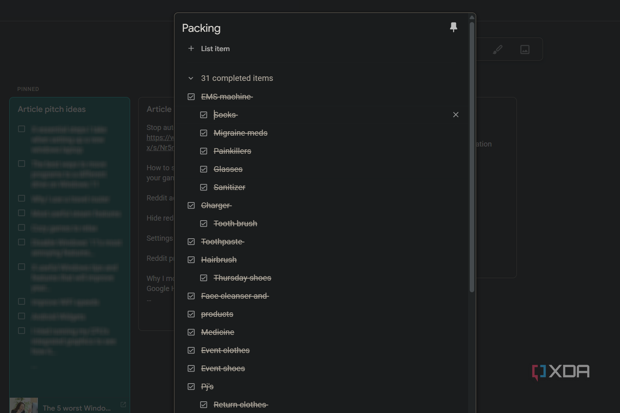 a packing list in google keep