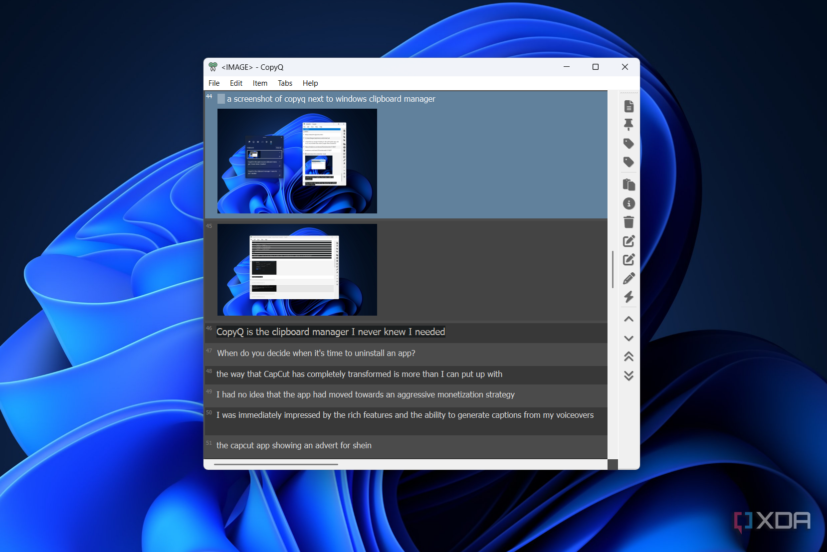 a screenshot in copyq with a note attached