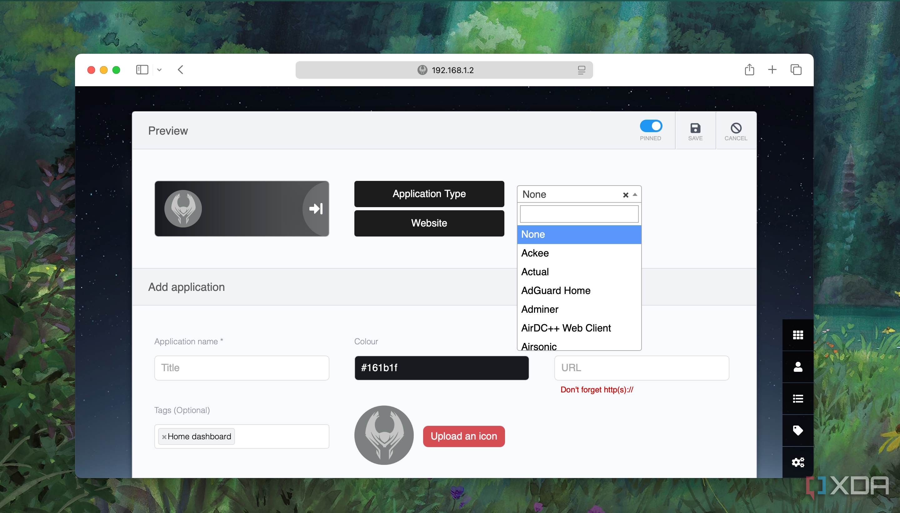 A screenshot showing app name picker dropdown in a Heimdall Dashboard menu