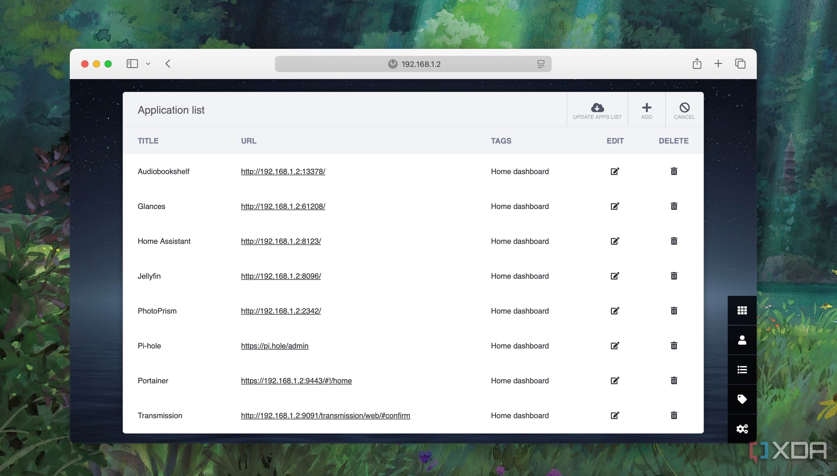 A screenshot showing menu to add or remove apps from Heimdall dashboard