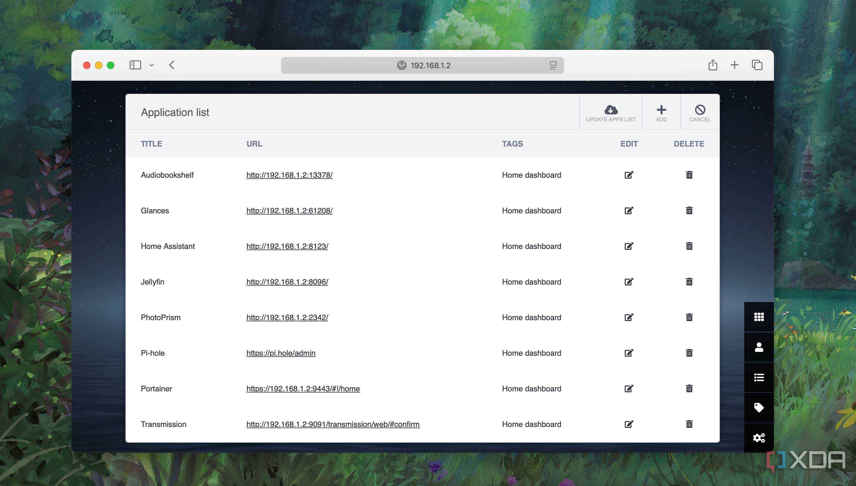 A screenshot showing menu to add or remove apps from Heimdall dashboard