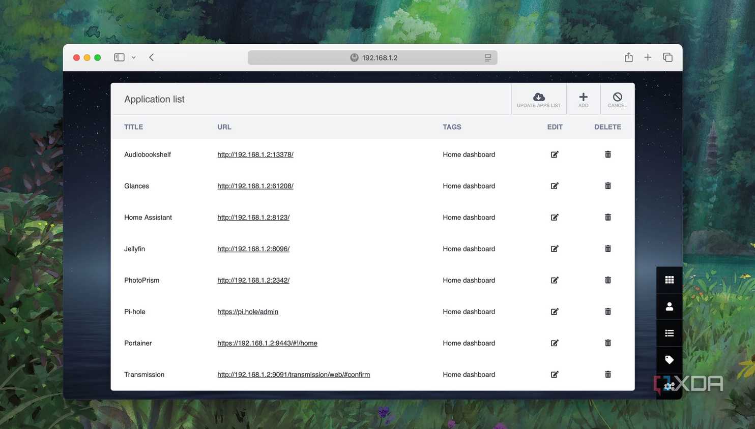 A screenshot showing menu to add or remove apps from Heimdall dashboard