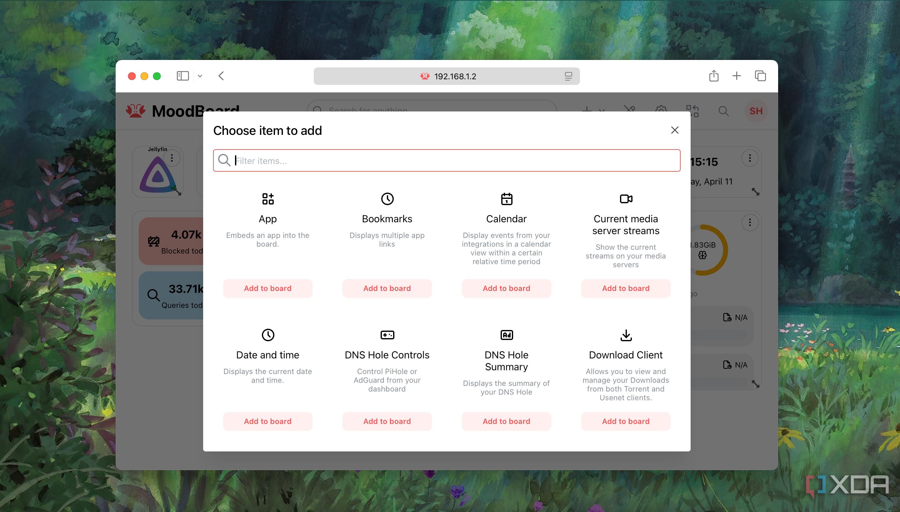 A screenshot showing interface to add apps or Integrations to Homarr dashboard