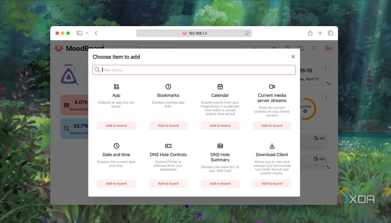 A screenshot showing interface to add apps or Integrations to Homarr dashboard