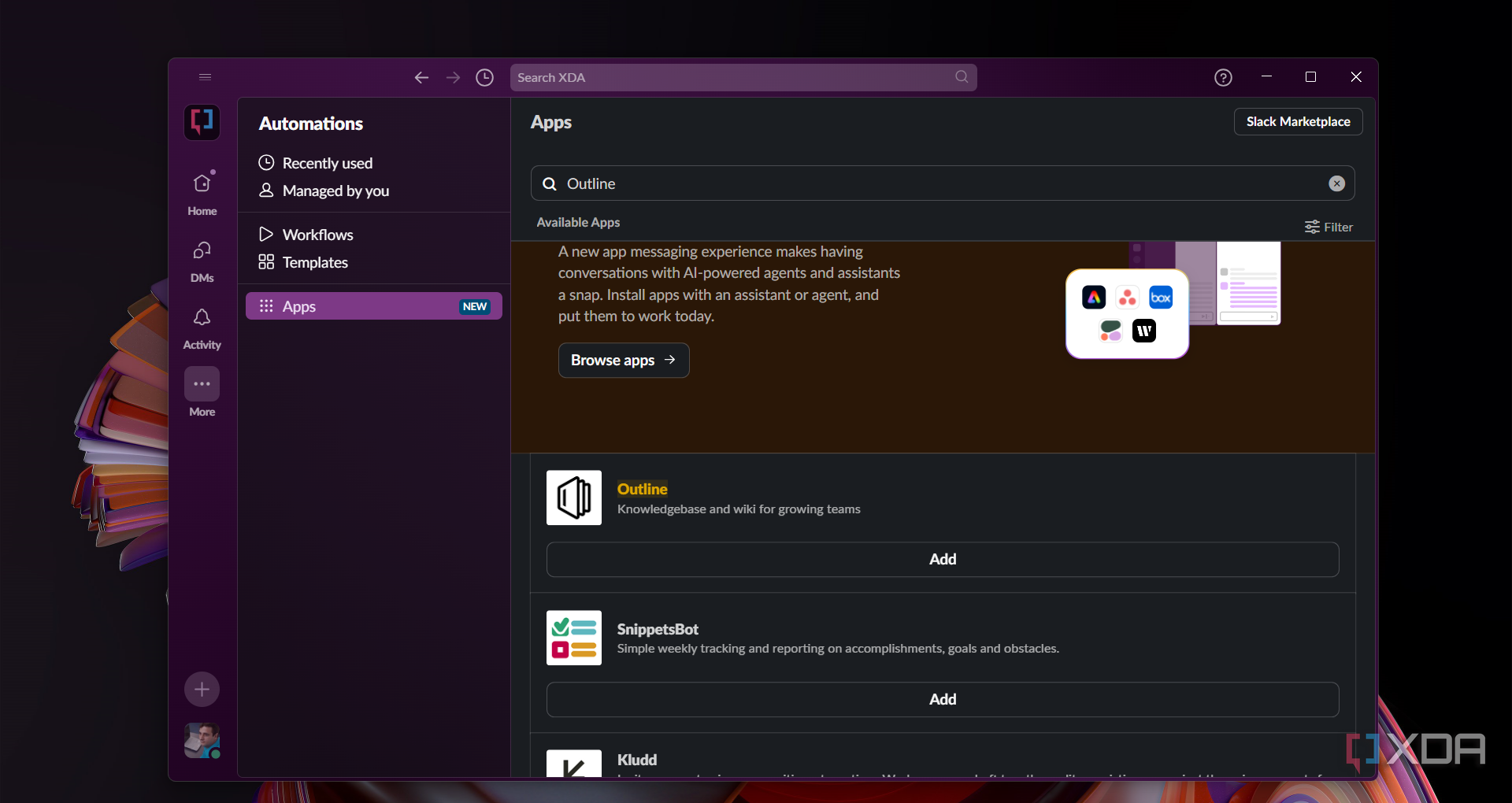 Caption showing adding Outline in Slack