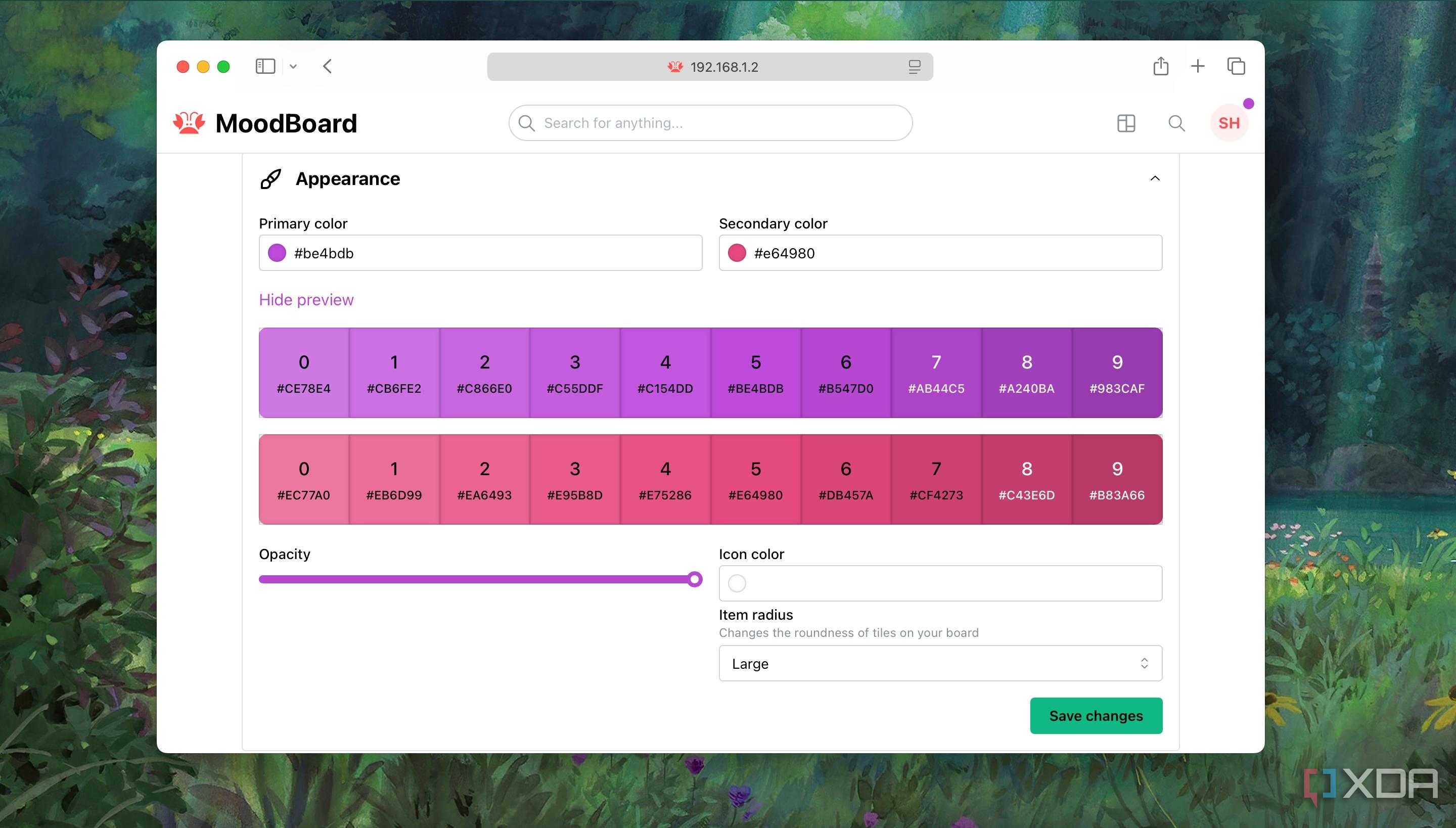 A screenshot of settings to adjust the appearance of Homarr dashboard