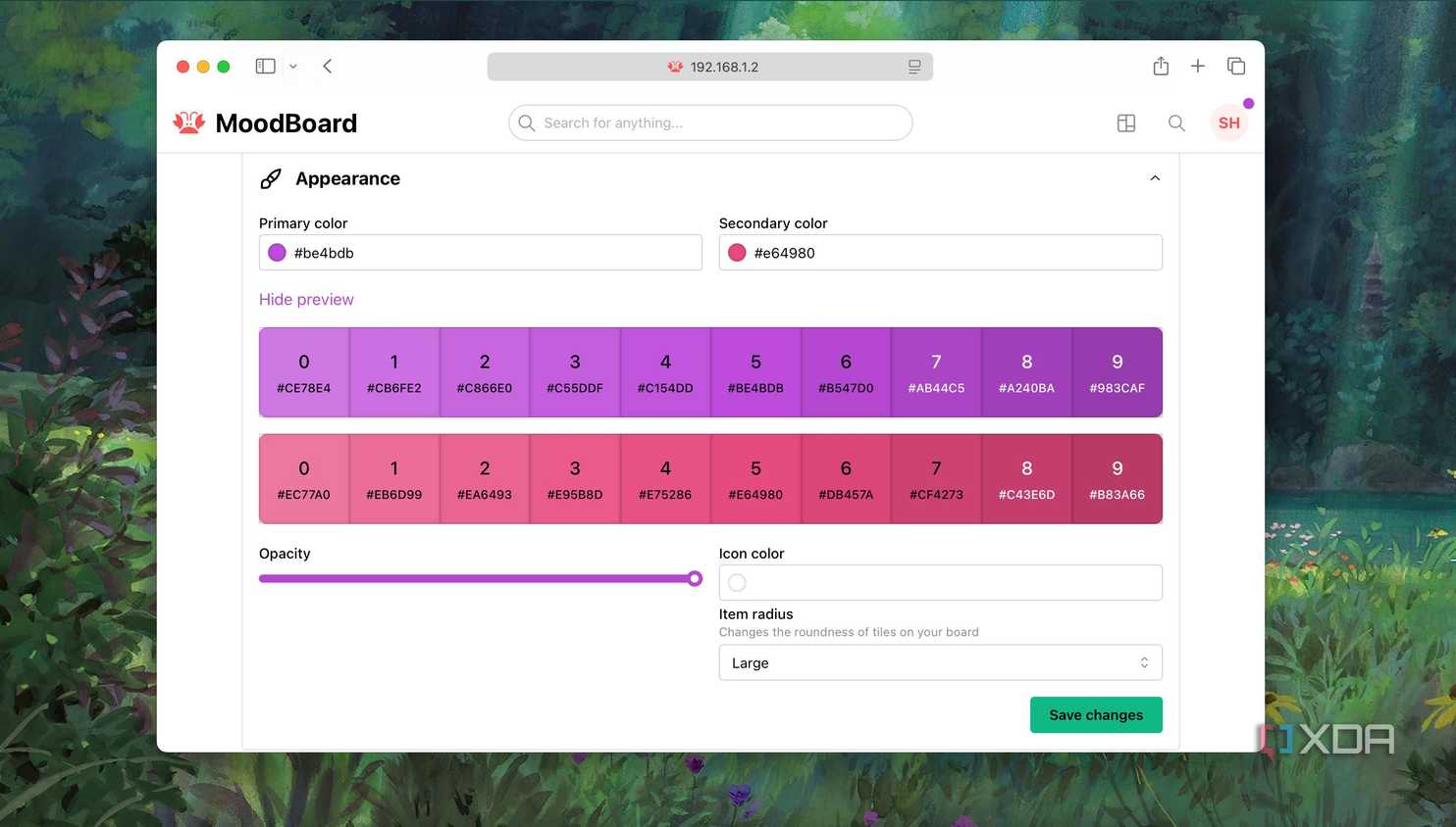 A screenshot of settings to adjust the appearance of Homarr dashboard
