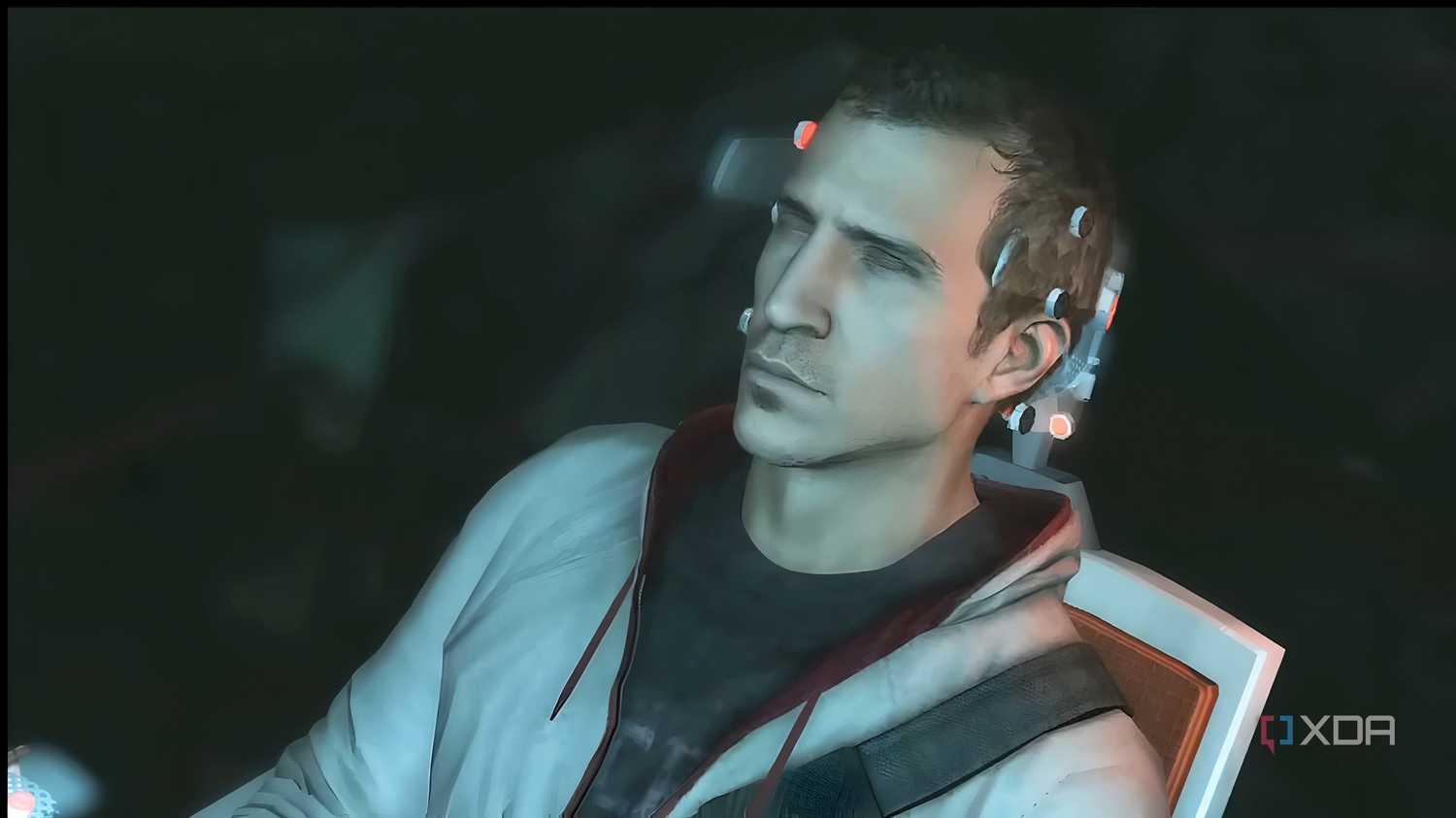 An image from the game Assassins' Creed 3, showing Desmond Miles logged into the Animus.