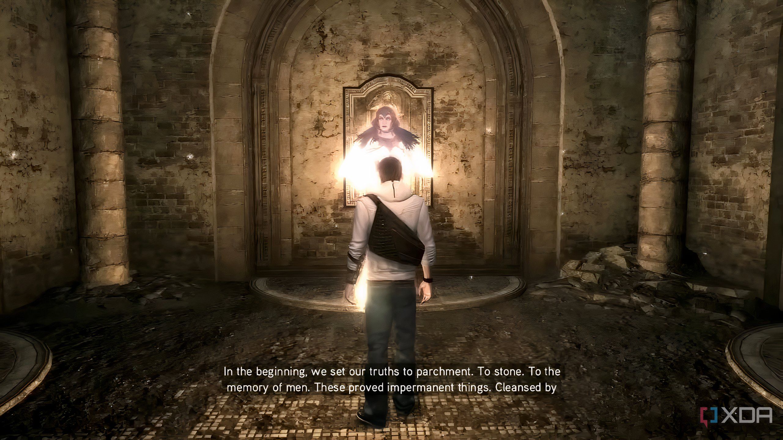 An image from the game Assassins' Creed Brotherhood, showing Desmond looking at an Isu goddess at the Auditore villa.