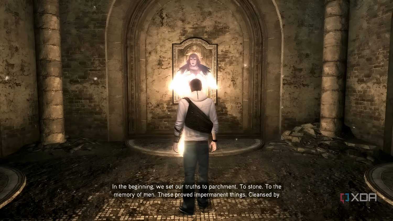 An image from the game Assassins' Creed Brotherhood, showing Desmond looking at an Isu goddess at the Auditore villa.