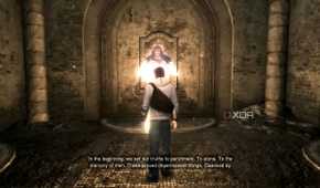 An image from the game Assassins' Creed Brotherhood, showing Desmond looking at an Isu goddess at the Auditore villa.