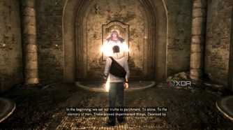 An image from the game Assassins' Creed Brotherhood, showing Desmond looking at an Isu goddess at the Auditore villa.