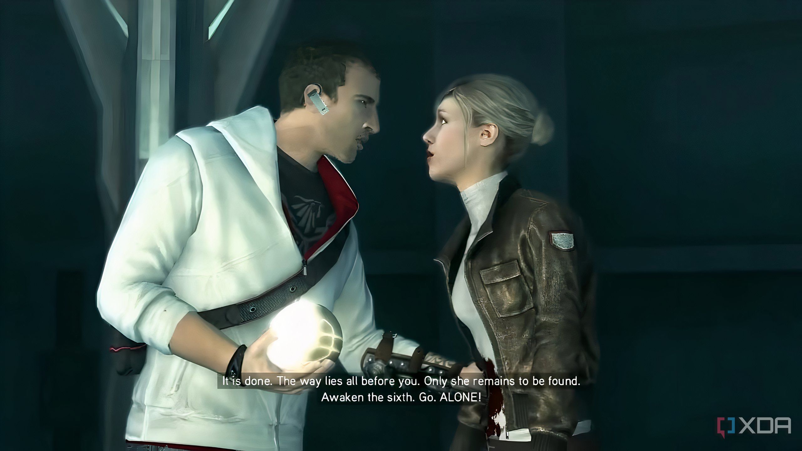 A screenshot from Assassin's Creed Brotherhood, showing Desmond stabbing Lucy.