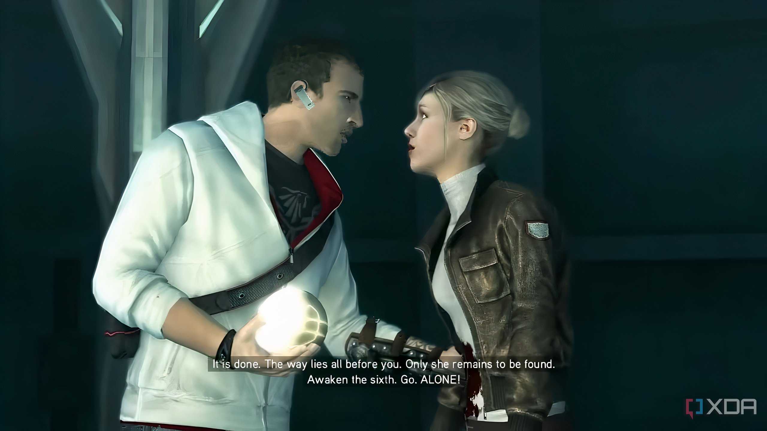 A screenshot from Assassin's Creed Brotherhood, showing Desmond stabbing Lucy.