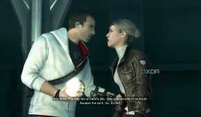 A screenshot from Assassin's Creed Brotherhood, showing Desmond stabbing Lucy.