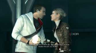 A screenshot from Assassin's Creed Brotherhood, showing Desmond stabbing Lucy.