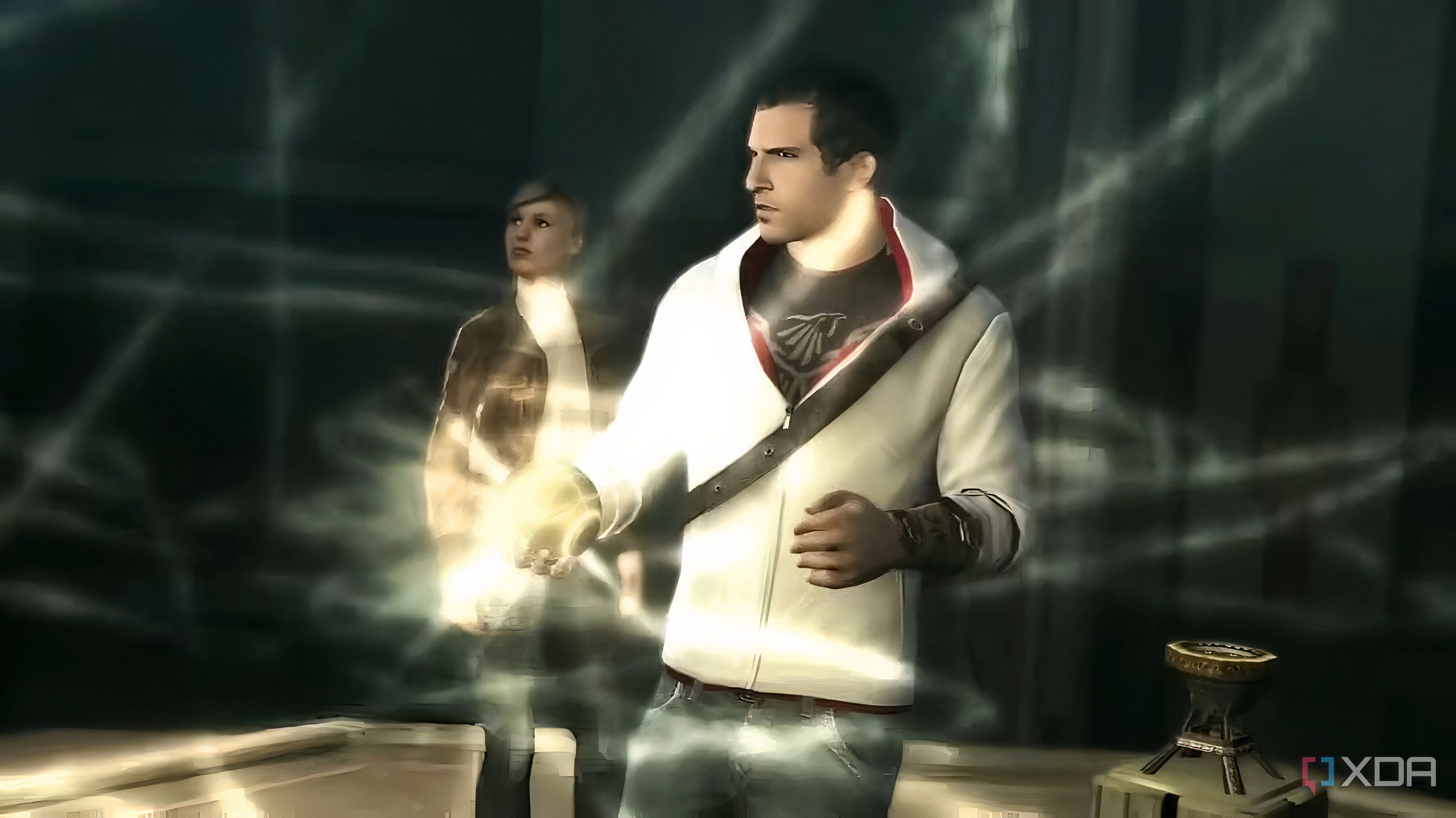 A screenshot from Assassin's Creed series, showing Desmond and Lucy.