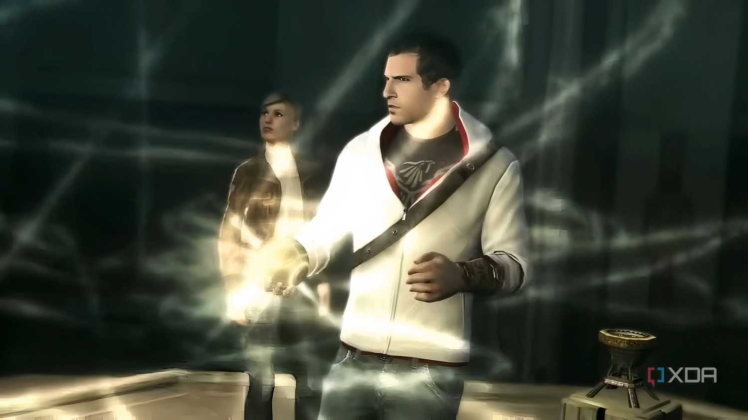 A screenshot from Assassin's Creed series, showing Desmond and Lucy.