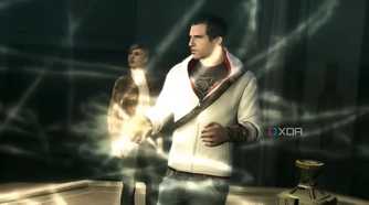 A screenshot from Assassin's Creed series, showing Desmond and Lucy.