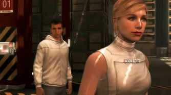 A screenshot from Assassin's Creed 2, showing Desmond Miles and Lucy Stillman.