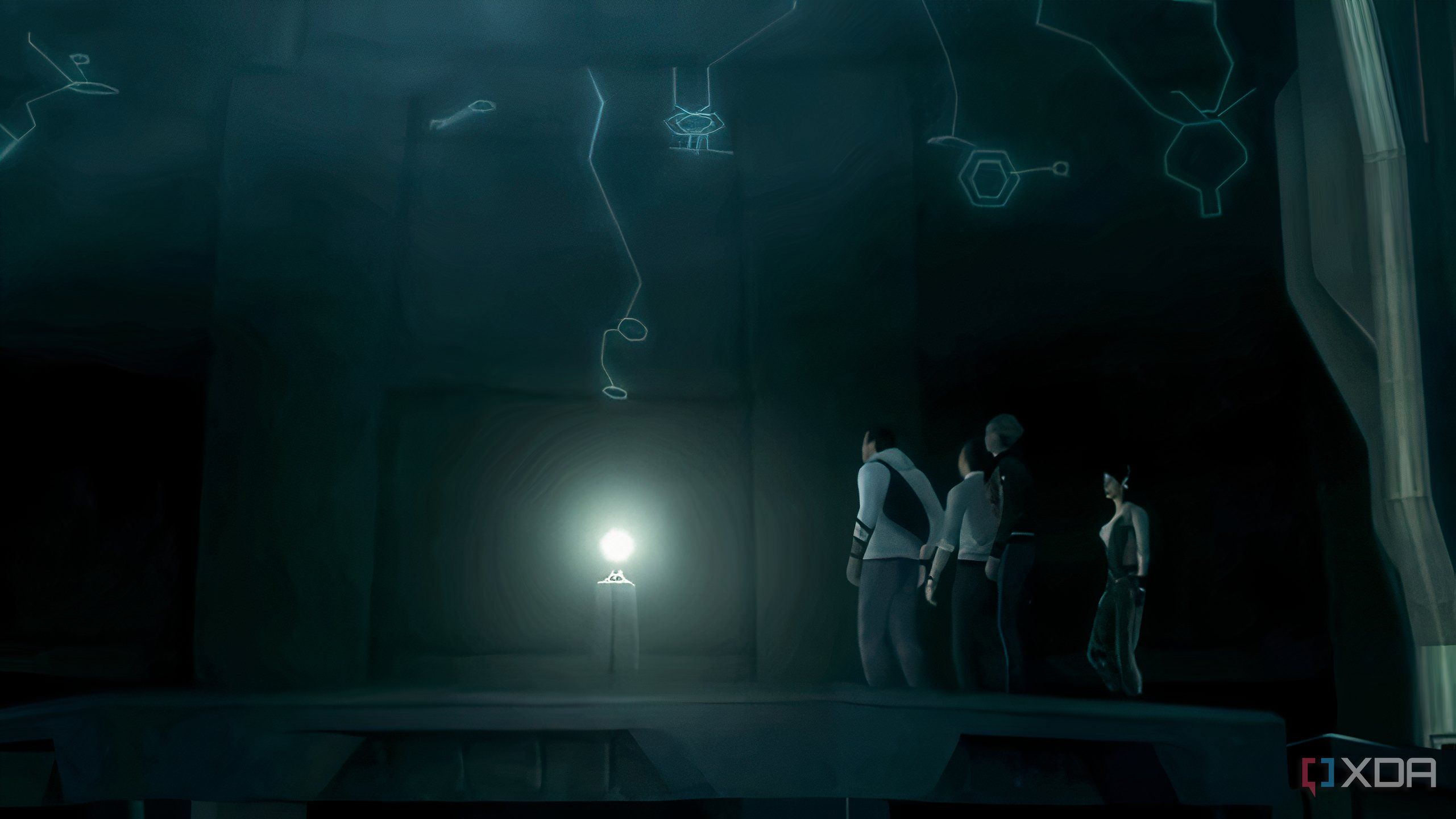 A screenshot from Assassin's Creed 3, showing Desmond, William, Rebecca, and Shaun inside an Isu temple.
