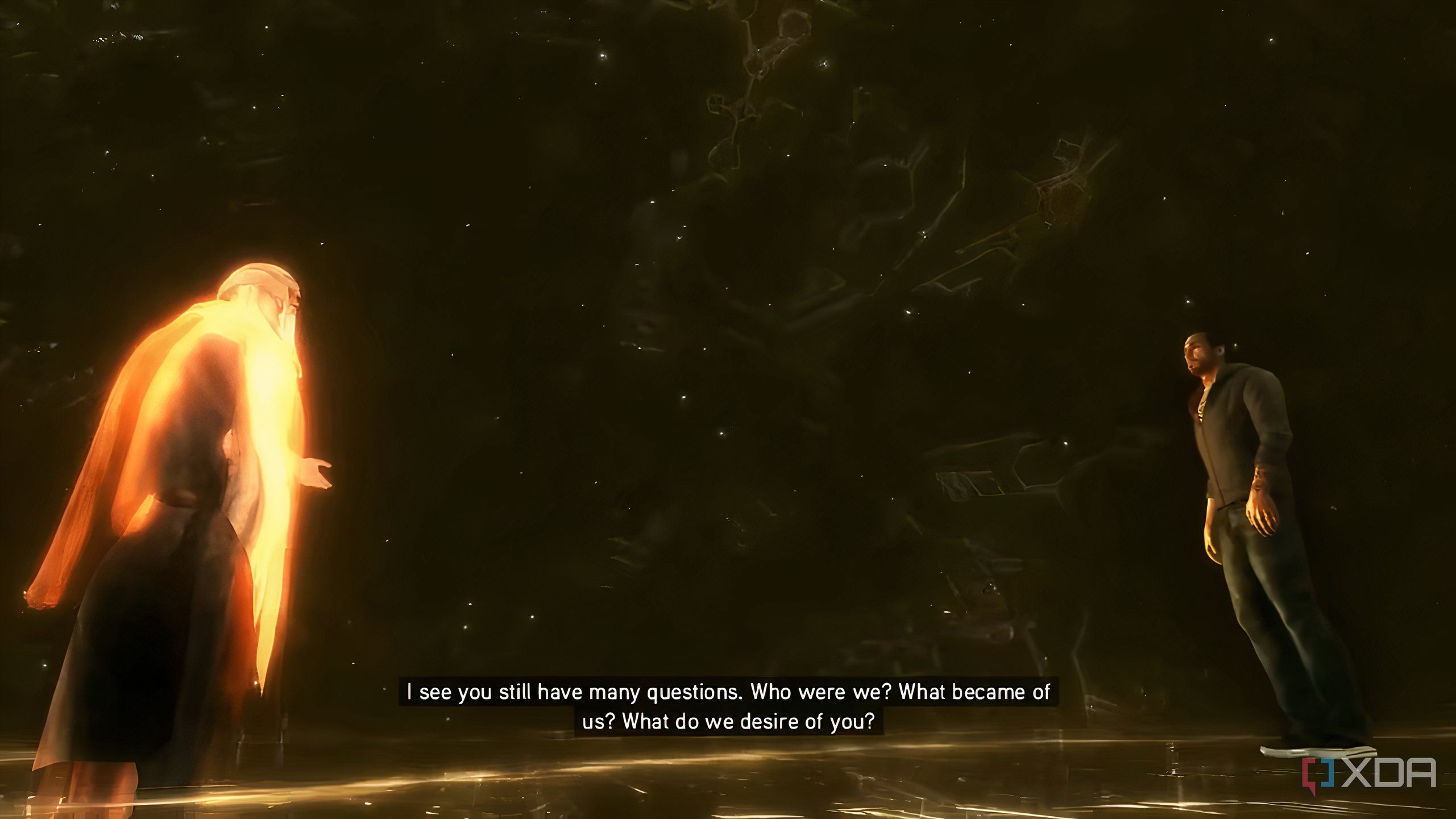 A screenshot from Assassin's Creed, Revelations, showing Desmond talking to Isu god Jupiter.